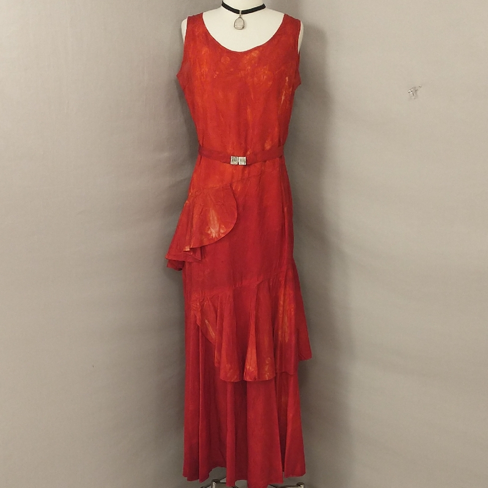 Unusual Antique 30s Dress Tie Dyed Red Vintage Flapper Art Deco has damage see p